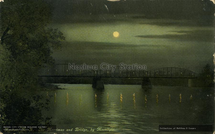 Postcard: Nashua, N.H. The Merrimack and Bridge by Moonlight